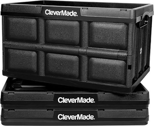CleverMade Collapsible Storage Bins 62L (3-Pack) – Heavy Duty Collapsible Plastic Storage Bins, Large Stackable Folding Storage Bins for Garage, Car, Grocery & Home Organization - Obsidian
