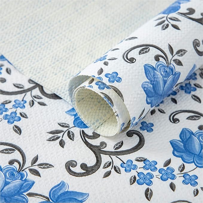 FIFTY FEET 12X120 Inch Shelf Liner for Kitchen Cabinets, PVC Drawer Liner for Dresser Non-Slip Bathroom, Non-Adhesive Cabinet Liner Washable (Blue Floral)(5 Roll)