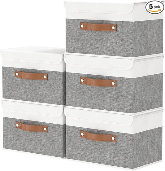 OUTBROS Large Collapsible Storage Box with Lid, Linen Fabric Wardrobe Organiser, Containers For Towels, Clothes, 15 x 9.8 x 9.8 inch (White/Grey, 5-Pack)