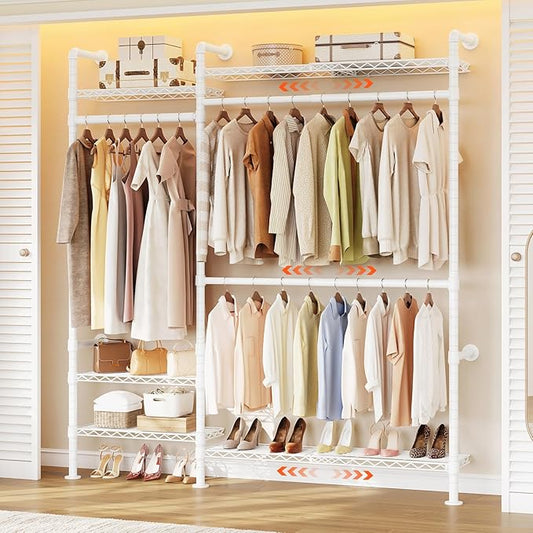 ONBRILL H2 Plus Expandable Wall Mounted Closet System, 3.8FT-5.1FT Closet Organizer with Telescopic Shelves & Adjustable Rods, Industrial Pipe Clothing Rack for Walk-in & Reach-in Closet (White)