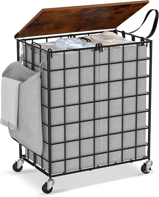 Laundry Basket with Wheels, Heavy Duty Laundry Sorter 2 Sections, Large Capacity 120L (32Gal.) Laundry Hamper with Wood Lid, 360 Rolling Wheels, Extra Side Pocket, Leather Pull Handle, Grey