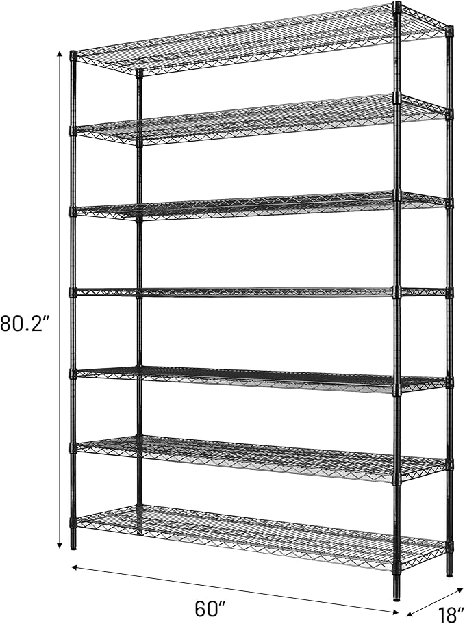 Finnhomy 4200LBS 7-Tier Wire Shelving Unit Adjustable Steel Wire Rack, 18x60x80.2 Inches 7 Shelves Metal Rack, Pantry Shelves for Storage, Metal Garage Shelving with 1" Poles, NSF Certified, Black