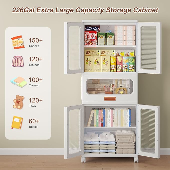 VECELO 226QT Stackable Storage Bins with Lids, Large Collapsible Storage Bins with Drawer and Movable Wheels, Adjustable Shelves, Anti-Tip, for Living Room, Bedroom, Kitchen, White