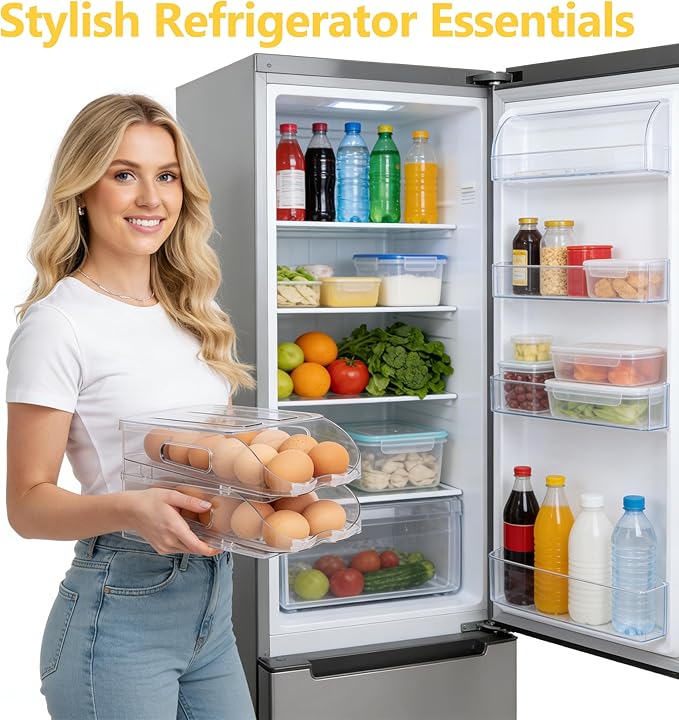 SMRCAD Egg Holder for Fridge, Automatic Steady Rolling Egg Container with Soft Bumpers & Handle for Refrigerator, Stackable Fridge Organizers and Storage with Lid