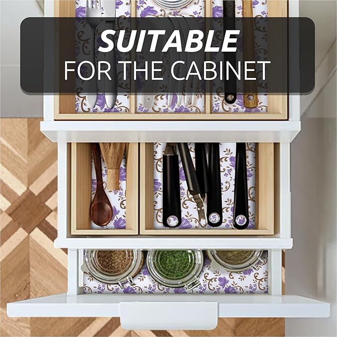 12X120 Inch Shelf Liner for Kitchen Cabinets, PVC Drawer Liner for Dresser Non-Slip Bathroom, Non-Adhesive Cabinet Liner Washable (Purple Floral)(2 Roll)