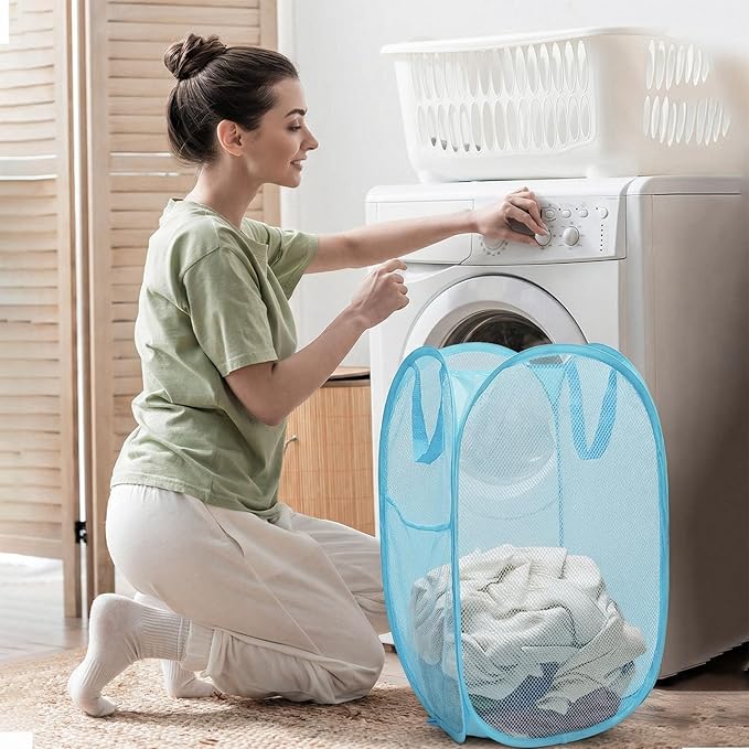 Pop up hamper, the upgraded laundry basket with breathable side pocket mesh. Ideal for room, apartment, dormitory, travel, business trip & kids storage (1,sky blue)