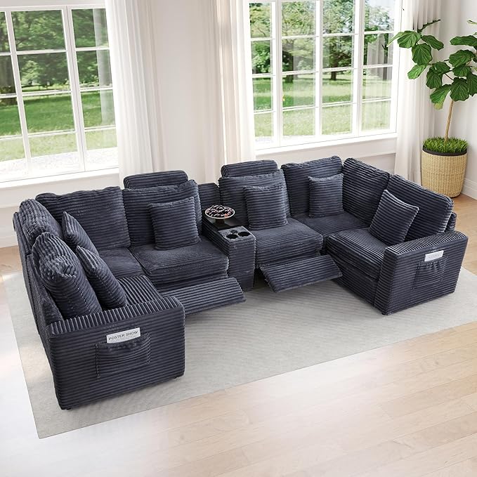 LEVNARY 6-Seat U Shaped Modular Sectional Sofa with Power Recliners, Faux Rabbit Fur Upholstery, Storage Console with Charging Ports & Cup Holders, Living Room Couch Set for Home Office (Gray)