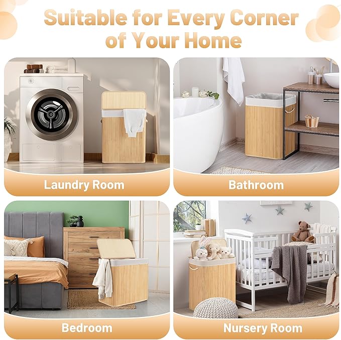 Aliphon 150L Laundry Hamper with lid, 3-Section Clothes Laundry Basket with Handles, Large Collapsible Bamboo Baskets for Bedroom, Bathroom, Dorm, Natural Beige