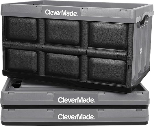 CleverMade Collapsible Storage Bins 46L (3-Pack) – Heavy Duty Collapsible Plastic Storage Bins, Stackable Folding Storage Bins for Car, Garage, Home Organization - Foldable Bins, Stone