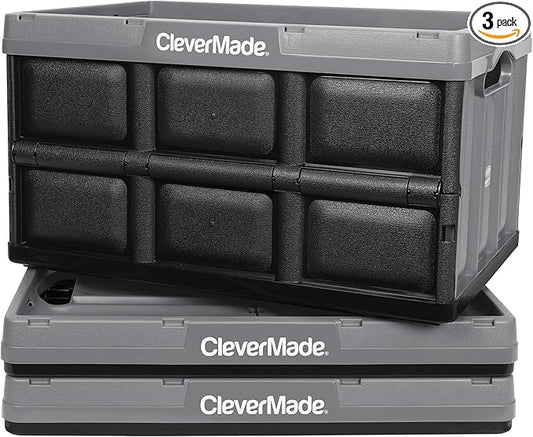 CleverMade Collapsible Storage Bins 62L (3-Pack) – Heavy Duty Collapsible Plastic Storage Bins, Large Stackable Folding Storage Bins for Garage, Car, Grocery & Home Organization - Stone