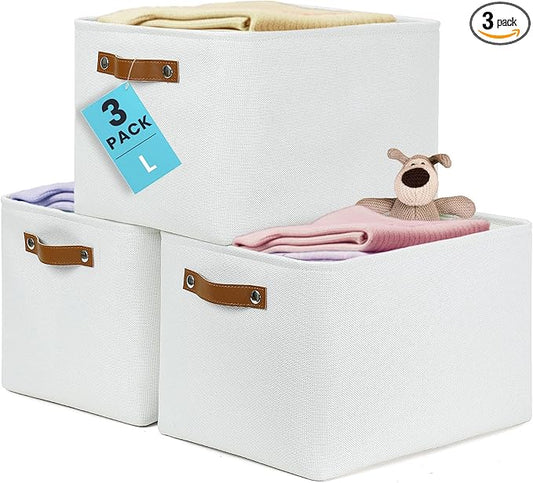 OrganiHaus Large Fabric Storage Baskets for Shelves 3 Pack, 15x11in Closet Storage Bins, Canvas Storage Bin for Organizing, Cloth Baskets, Linen Closet Organizers, Off-White