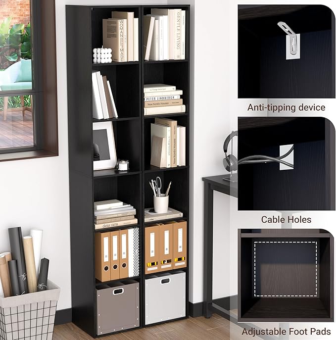 6 Cube Storage Organizer, Narrow Open Shelf Bookcase, Freestanding 6 Cube Storage Shelf, Moisture-Proof Scratch-Resistant Melamine Display Shelf for Bedroom, Living Room, Study, Home，Black