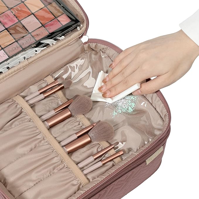 NISHEL Large Double Layer Travel Makeup Bag Women, Large Cosmetic Case, Organizer for Travel-Size Accessories Bottles, Brushes, Conditioner, and Skin Care Products, Rose-wood Pink