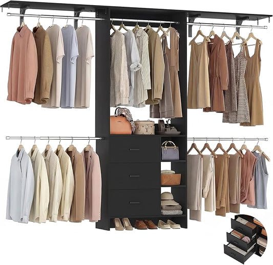 Aheaplus Closet System, Closet Organizer with 3 Wooden Drawers, 8FT Closet Organizer System, 96’’ Walk-in Closet Wardrobe Clothes Rack with Hanging Rods, Adjustable Garment Rack, Fits 5.3-9 ft, Black