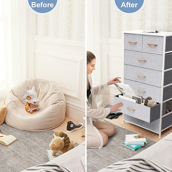 Crestlive Products Vertical Dresser Storage Tower - Sturdy Steel Frame, Wood Top, Easy Pull Fabric Bins, Wood Handles - Organizer Unit for Bedroom, Hallway, Entryway, Closets - 7 Drawers (Light Gray)
