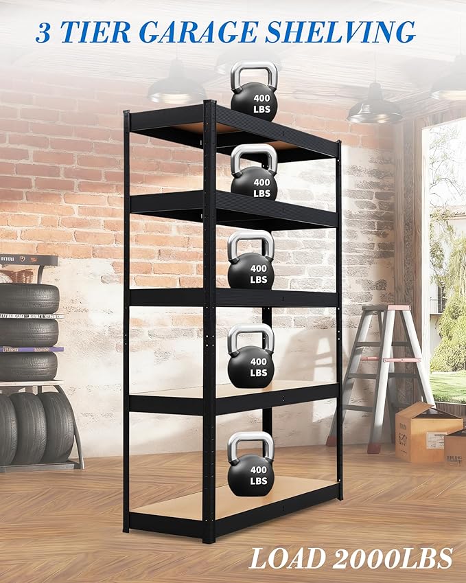 Garvee Garage Storage Shelves,48x18x72 Garage Shelving Heavy Duty Metal Adjustable Garage Shelves,5-Tier Adjustable Shelving Units,Loads 2500 LBS,Metal Storage Utility Racks for Warehouse