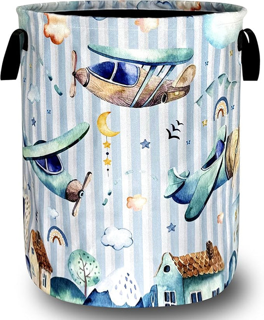 Cartoon Airplane Laundry Basket Foldable Funny Plane Laundry Hamper With Handle Portable Oxford Cloth Clothes Storage Basket Laundry Bag 18.9"x16.5" For Laundry Room/Bedroom/Bathrooms