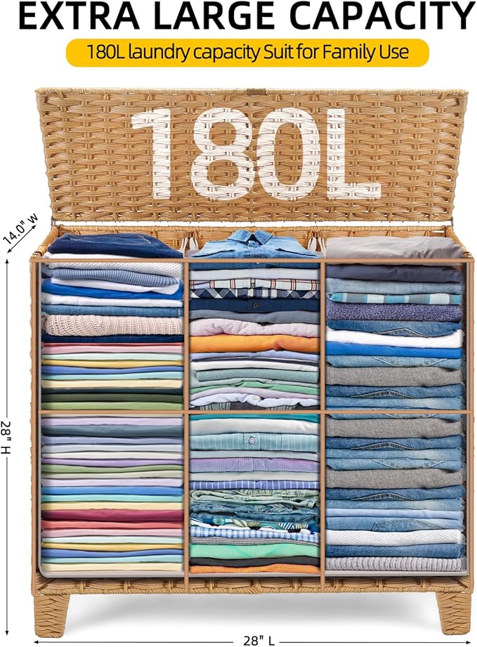 180 L Wicker Laundry Hamper with Lid 3 Section, Extra Large HandWoven Synthetic Rattan Wicker Laundry Basket with Removable Liner Bags for Bedroom Bathroom, Dirty Clothes Hampers Woven Foldable