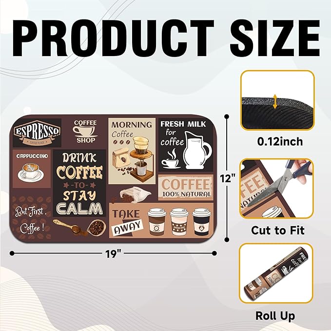 Retro Coffee Pattern Drying Mat 12" x 19", Non-Slip Absorbent Quick-Dry Mat, Protects Countertops from Spills Stains for Coffee Makers Espresso Machines