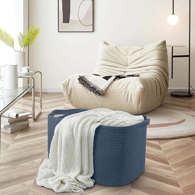 MEGASKET Extra Large Rectangle Storage Basket, 23.6" x 17" x 12" Dark Blue Blanket Storage for Living Room, Large Woven Cotton Rope Storage Box, Soft Kids Toy Basket Organizer Bin, Big Wicker Basket