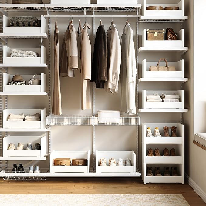 FOUCSSOMEI 4-Tier Stackable Closet Organizer and Storage, Closet Shelves – Heavy-Duty Closet Darwers Wood & Metal, Easy Assembly, Space-Saving,White, Patent Design