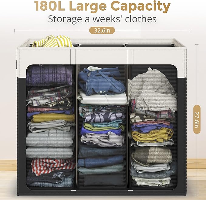 Optish 180L Laundry Hamper 3 Section, Large Laundry Basket with Lid, Laundry Basket Organizer with Handles, Divided Clothes Hampers for Laundry, Bedroom, Bathroom, White & Black