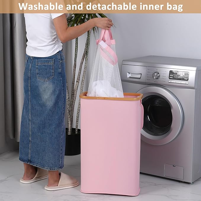 iEGrow 65L Slim Laundry Hamper, Narrow Laundry Basket with Lid,Foldable Clothes Hamper with Bamboo Handles,Hamper Basket with Removable Inner Bag for Laundry Room Bedroom College Dorm,17.17 Gals Pink