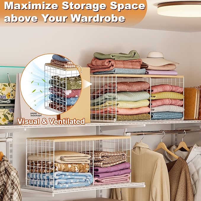 2 Pack Stackable Closet Organizers and Storage, 4 Cube Closet Shelves with Wood Top Board for Extra Clothes Storage, Small Metal Closet Shelf Organizer Bins Baskets for Sweater Sweatshirt Jeans, White