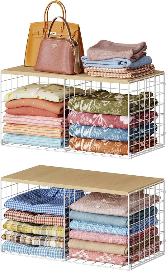 2 Pack Stackable Closet Organizers and Storage, 4 Cube Closet Shelves with Wood Top Board for Extra Clothes Storage, Small Metal Closet Shelf Organizer Bins Baskets for Sweater Sweatshirt Jeans, White