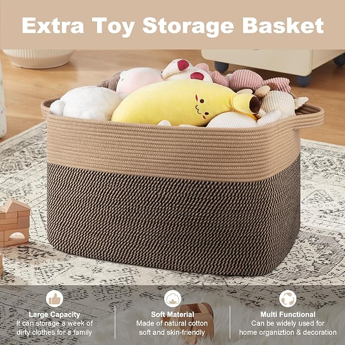 OIASKET XXXL Supre Large Blanket Basket for Clothes, Towels, Pillows, 108L Cotton Rope Storage Basket for Living Room, Supre Large Woven Toy Storage for Kids, 25" x 16" x 16", Brown and Black