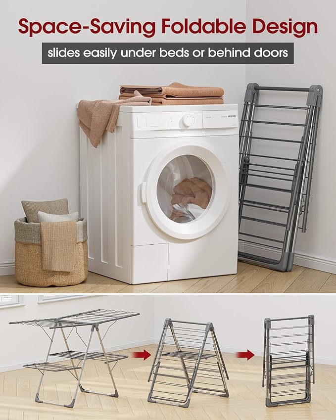 Sakugi Clothes Drying Rack, Foldable 2-Level Laundry Drying Rack with Height-Adjustable Wings, for Clothing & Bedding, Free-Standing Space-Saving Rack, Indoor & Outdoor, 55.5" L × 22.8" W, Gray