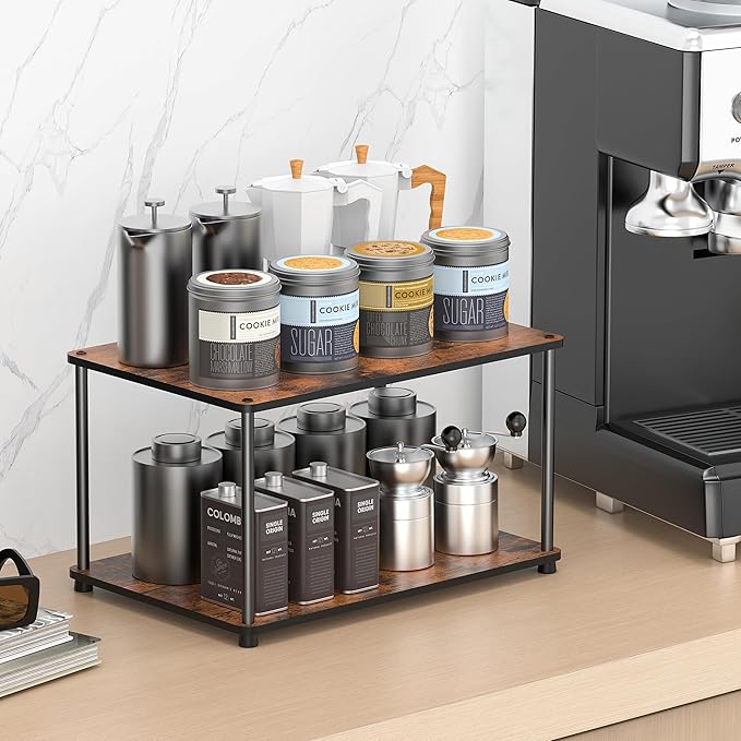 Countertop Spice Rack, Stackable Wood & Metal Pantry Cabinet Shelf Organizer Storage, 2-Tier Multi-Use for Kitchen Bathroom Desktop Home Office, Rustic Brown