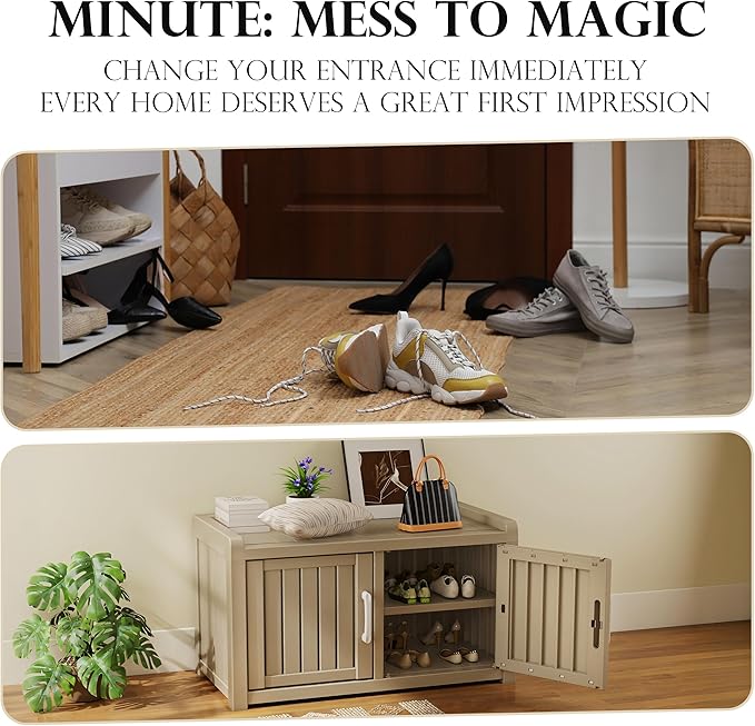 EasyUp Shoe Bench Waterproof,Resin Shoe Cabinet,Outdoor Storage,Industrial Hallway Bench with Adjustable Shelves for Entryway,Living Room,Bedroom(Grey,Double Door)