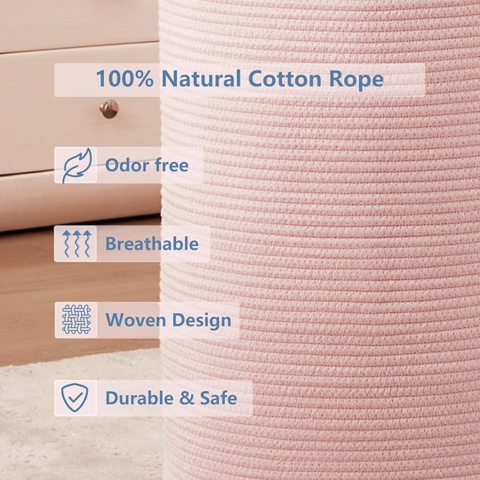 Large Pink Laundry Basket 15x20 Inches, 60L Woven Rope Hamper for Baby Girls and Kids, Tall Nursery Storage Bin, Kawaii Bedroom Laundry Hamper