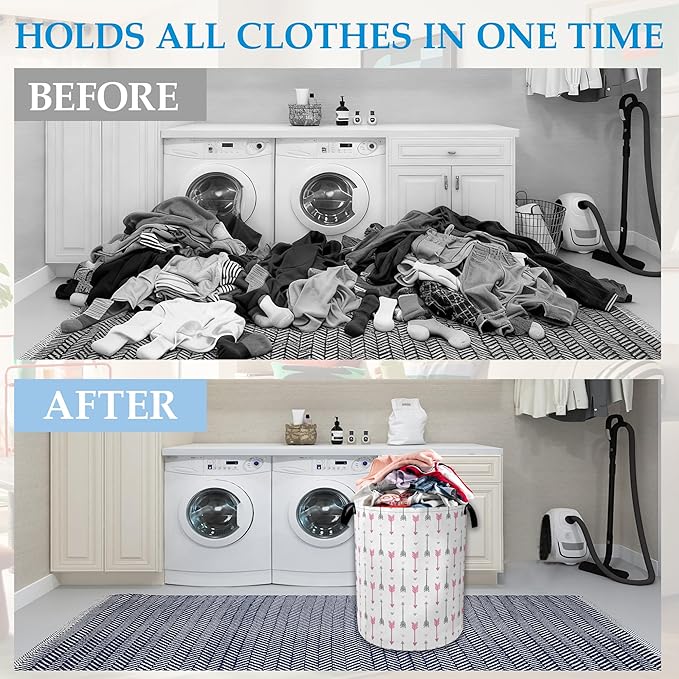 Pink Arrow Laundry Basket Collapsible Laundry Hamper with Handle, Oxford Clothes Toy Storage Bin for Bathroom Bedroom Room Decor, Gift Basket 16" X 20.8"