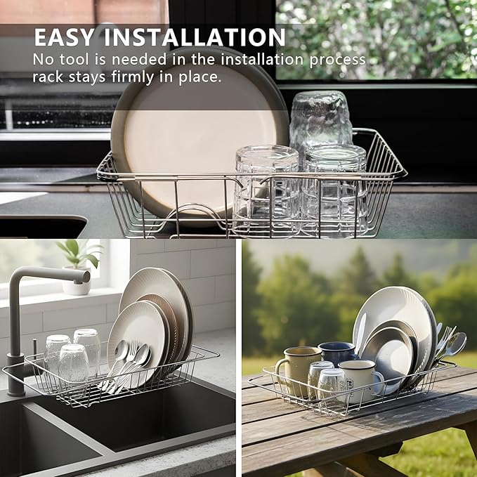Expandable Dish Drying Rack in Sink or Over The Sink - 18/8 Stainless Steel Dish Rack/Drainer/Strainer/Dishrack for Kitchen Counter or RV - Adjustable, Deep and Large, Rustproof, Black