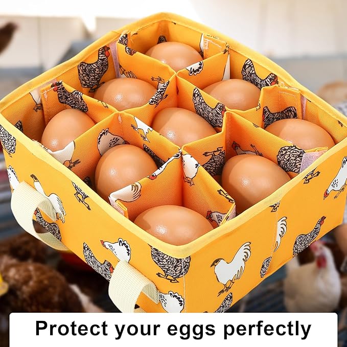 Removable Egg Collecting Basket, Egg Basket for Gathering Fresh Eggs with 9 Pouches, Foldable Canvas Egg Holder, Collector Egg for Chicken, Duck, Goose, Collection (Yellow-flowered Chicken)
