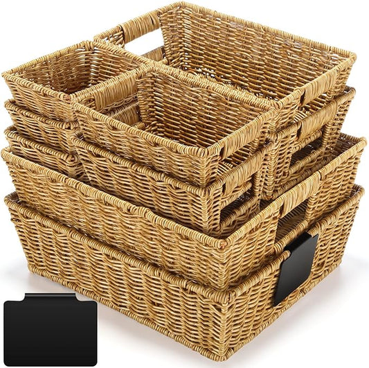 Marsui 9 Pcs Wicker Storage Baskets for Pantry Organization with Handle Labels Handwoven Multi-size Brown Small Organizer Baskets Storage Bins Container for Shelves Closet Toilet Christmas Holiday