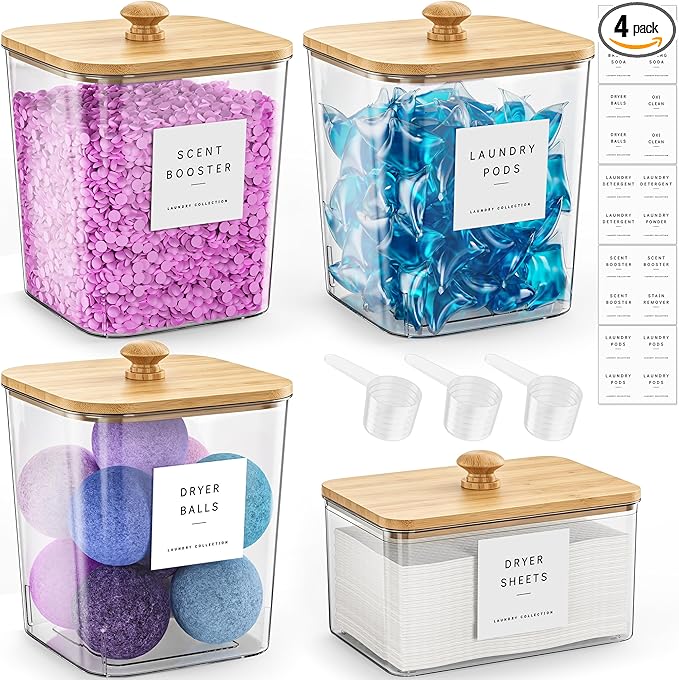 4 Pack Bamboo Laundry Pods Container, Clear Laundry Room Organization Containers,Large Laundry Detergent Powder Storage Containers Lids & Labels, Acrylic Laundry Pods Holder for Scent Booster