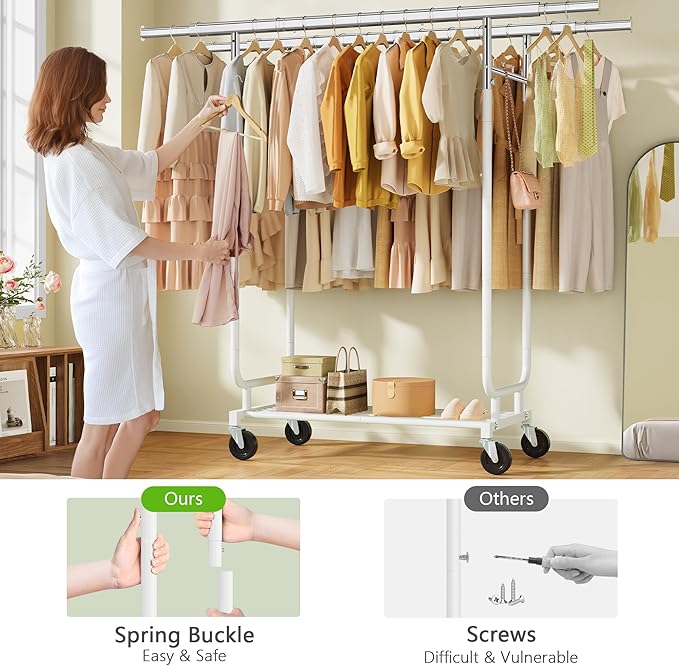 Heavy Duty Rolling Clothes Rack, 620 LBS Load Double Rod Adjustable Garment Rack with Storage Shelves & Lockable Wheels, Portable Clothing Rack for Hanging Clothes for Bedroom, Laundry Living Room