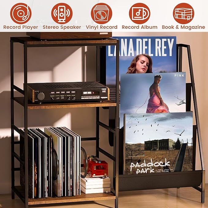 Record Player Stand With Vinyl Storage, 3-Tier Turntable Record Stand Holder, Vinyl Records Storage Shelf Holds Up to 300 Albums, Modern Vintage Black Record Player Table for Living Room