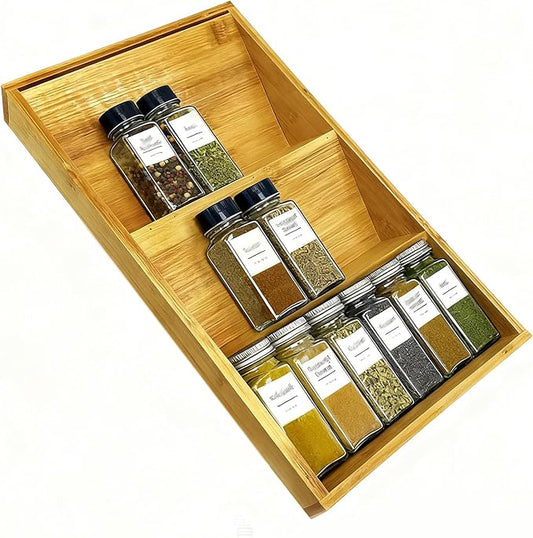 Bamboo Spice Drawer Organizer 3 Tier Seasoning Organizer Rack Spice Rack Tray Kitchen Spice Rack Organizers and Storage for Drawer Kitchen Cabinet Seasoning Storage Insert for Cabinet Shelf