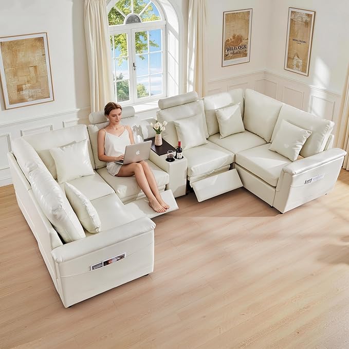 LEVNARY 6-Seat U Shaped Modular Sectional Sofa with Power Recliners, Upholstered Faux Leather Couch Storage Console with Charging Ports & Cup Holders, Living Room Couch Set for Home Office (White)