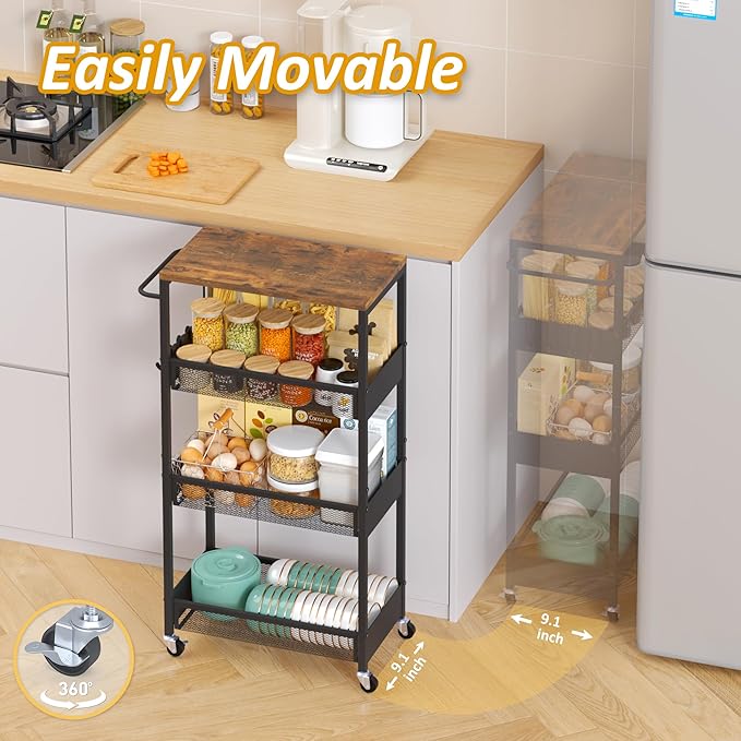 Vincona Slim Rolling Utility Cart, 4 Tier Metal Narrow Storage Cart with Handle and Wood Top, Multifunctional Small Mobile Shelf Unit Organizer Trolley for Laundry, Bathroom, Kitchen