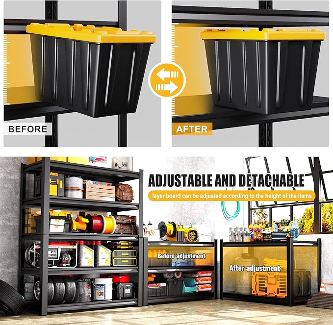 Set of 2 Garage Shelving 5-Tier Heavy Duty Storage Shelves, Adjustable Metal Shelving Unit, Utility Garage Organizer Shelf for Basement, Pantry, Kitchen, Warehouse,15.7" Dx35.4 Wx71.2 H, Black