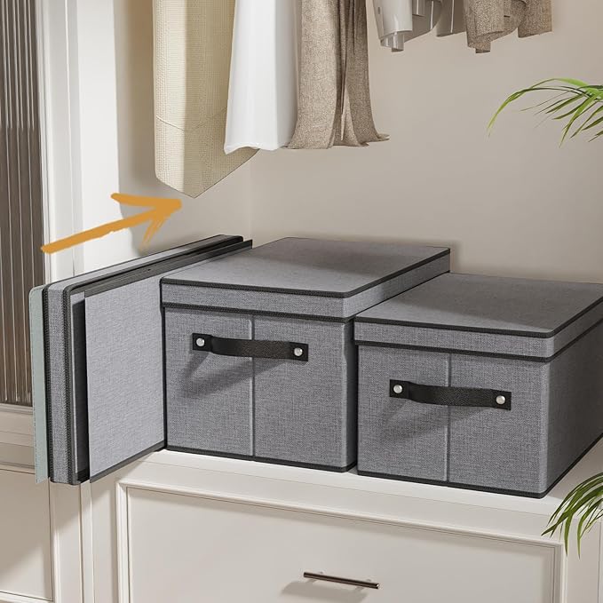 Storage Boxes with Lids, Decorative Linen Storage Bins for Shelves, Fabric Closet Organizer with Handles, Gray, 16.5 x 11.8 x 10.2 Inch, 3-Pack