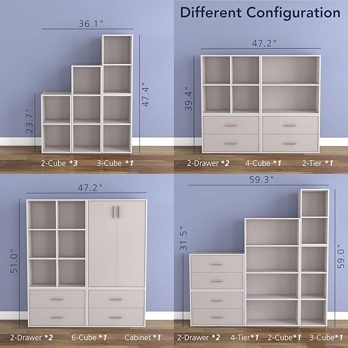 Homes: Inside + Out Apexa 3-Cube Storage Organizer Shelves, Stackable Wood Bookcase Fits Cubby Bins for Organization, Dorm Teen Room Decor & Home Office, Taupe Grey