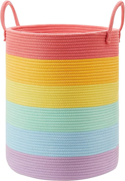 80L Extra Large Rainbow Laundry Hamper Basket for Girls Kids Tall Unicorn Baby Nursery Hamper for Clothes Woven Rope Blanket Toy Basket in Living Room Playroom Bedroom 16"D x 22"H