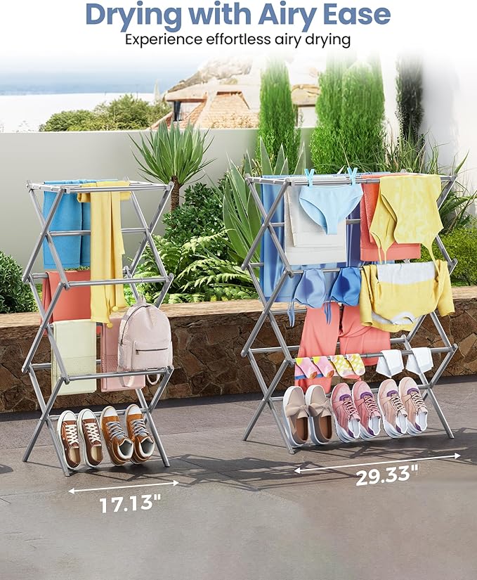 APEXCHASER Clothes Drying Rack, 3-Tier Laundry Drying Rack for Clothes, Expandable Metal Clothing Dryer, Collapsible Towel Rack, Air Drying Rack, Grey