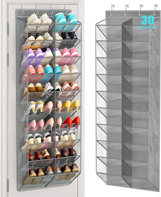 MISSLO 30 Pairs Over the Door Shoe Organizer Breathable Mesh Hanging Shoe Rack for Closet Storage with Wide Deep Pockets 10 Tier Shoes Holder Fit All the Family's Sneakers, Boots, Heels (Grey, 71")